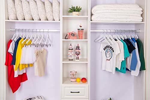 Quality 12” Kid's Wooden Hangers, 20 Pack Baby Hangers, Children's Coat Hangers with Pants Bar, Notches, Anti Rust 360 Swivel Hook for Coats, Suits, Jackets - Toddler Cloth Hanger Set (White, 20)