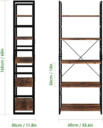5 Tier Industrial Bookshelf, Modern Storage Shelf Organizer Wood Look Bookcase, Metal Frame Shelving Unit for Bedroom, L