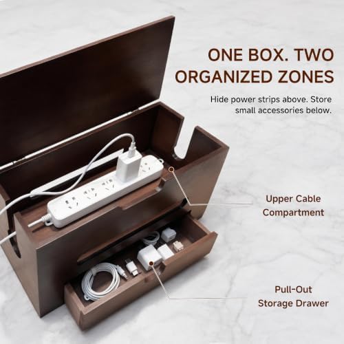 Cable Management Box with Storage Drawer, Wooden Cord Organizer Box