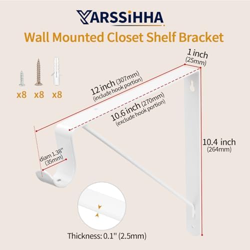 Yarssihha 4 Pack Closet Rod Bracket, 12 x 10.4 Inch Wall Mounted Closet Shelf Bracket, White Closet Rod Support Bracket 
