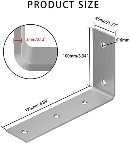 YUMORE 7 Inch Shelf Bracket, Heavy Duty L Bracket, Brushed Nickel, 4 Pack