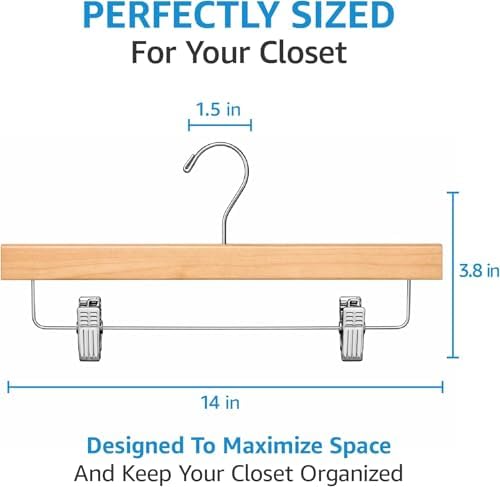 ZOBER Wooden Pants Hangers with Clips, Clothes Hangers, Natural, 10 Pack