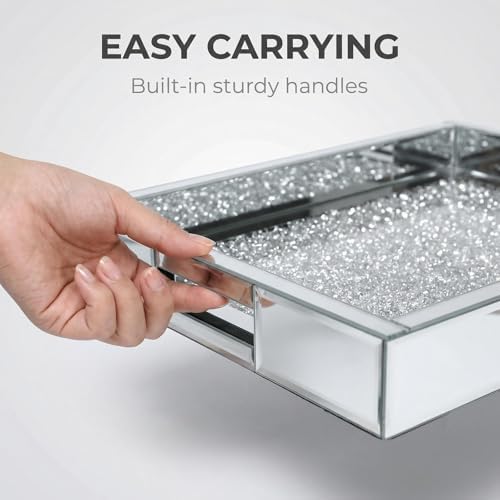 Large Vanity Tray for Perfume Organizer, 15x11 Inch Silver Mirror Tray with Handles, Crushed Diamond Tray for Bathroom C