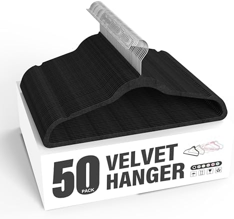 Simple Deluxe 50 Pack Non-Slip Velvet Hangers, 360° Swivel Hooks, Clothes Hangers with Shoulder Notches, Heavy Duty Coat Suit Hangers for Coats & Pants, Black
