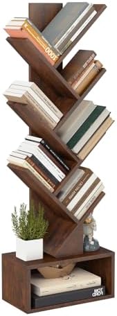 FDW 7 Tier Tree Bookshelf, Rustic Brown Floor Standing Bookcase with Storage Cabinet, Tall Narrow Bookshelves Organizer 