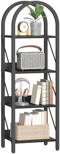 HOOBRO Bookshelf, 4-Tier Arched Bookshelf, Industrial Bookcase with Metal Frame, Small Book Shelf Storage Organizer for 