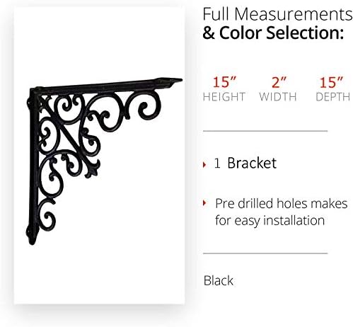 NACH Decorative Shelf Brackets, 1 Pack of 15 x 2 x 15 inch, Black Cast Iron Wall Shelf Brackets - Decorative Bookshelf B