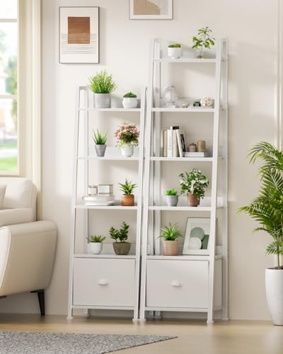 Furologee 6 Tier Ladder Shelf, Tall Ladder Bookshelf with Fabric Drawer