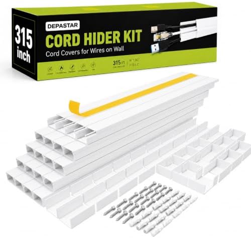 315” Cord Hider Kit, White Cable Raceway for Wall Mounted TV Wires, Paintable Wire Cover with Adhesive Tape, Screws and 