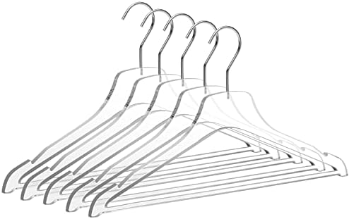 Quality Acrylic Clear Lucite Hangers 5-Pack with Bar Chrome Hooks for Clothes, Pants, Suit Jackets, Coats, and Shirts, Closet and Wardrobe Organization (Chrome/Gloss Silver Hook, 5)