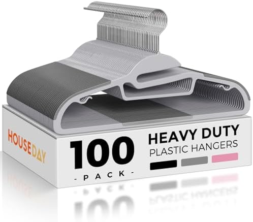 HOUSE DAY Slim Plastic Hangers with Non Slip Rubber Pads, 100 Pack, Grey