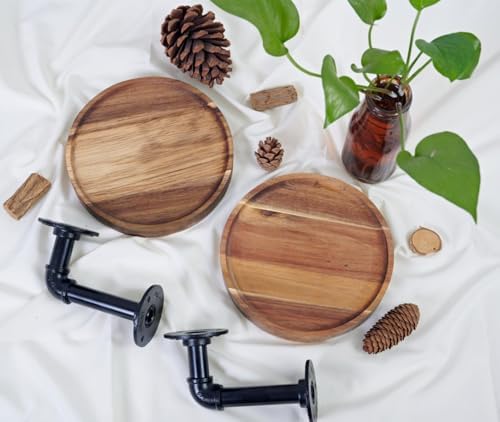 Round Wooden Floating Shelves Wall Mounted (Set of 2). Made of Acacia Wood. Industrial Pipe Brackets. A Unique Rustic Pe