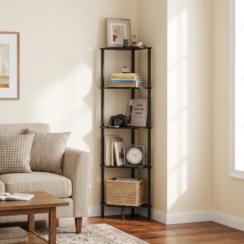 5 Tier Black Corner Shelf, 54" Tall Corner Shelves, Bamboo Corner Bookshelf, Industrial Display Shelf, Shower Storage Or