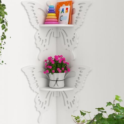 2-Tier Butterfly Corner Shelf - Nursery Wall Deor Floating Corner Shelf for Kid’s Room, Small Cute Decorative Shelf Wall