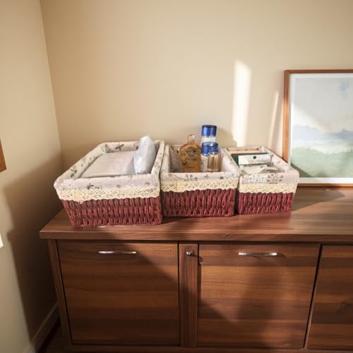 Wicker Woven Baskets With Liner, 3Packs Small Square Decorative Shelf Basket For Home Storage And Organizing (vintage re