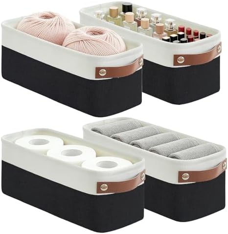 Bagnizer Small Fabric Storage Baskets, 15x6x5 inch Narrow Storage Bins 4-Pack Long Storage Basket for Organizing with Ha