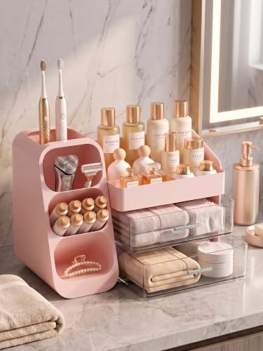 Booklov Large Makeup Organizer for Vanity Countertop, Pink