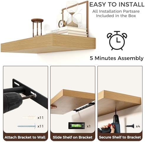 55 Inch Floating Shelves for Wall, 6.5"D Wood Storage Shelves, Oak Finish