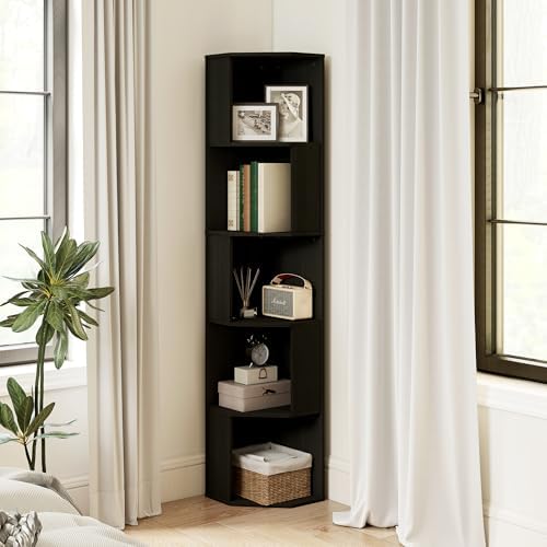 5 Tier Black Skinny Corner Display Shelf Unit, Wooden Bookshelf Corner Storage Shelves with 5 Cubes, Wood Skinny Small B