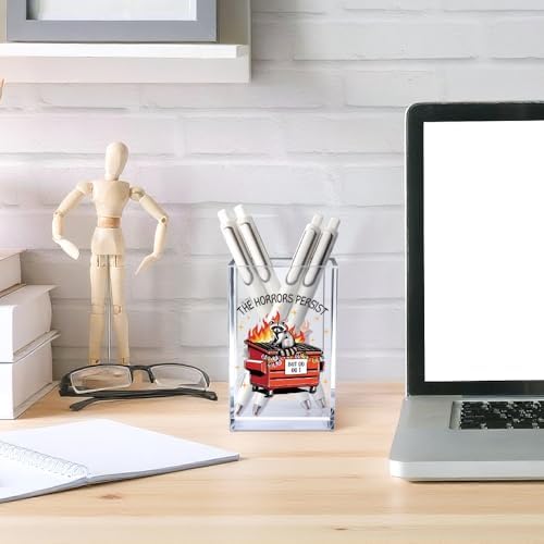 The Horrors Persist But So Do I Acrylic Cosmetic Pencil Pen Holder Cup, Funny Dumpster Fire Pen Holder Cup, Raccoon Lover Gift for Women Men, Mental Health Gifts for Women Colleague Boss Teacher