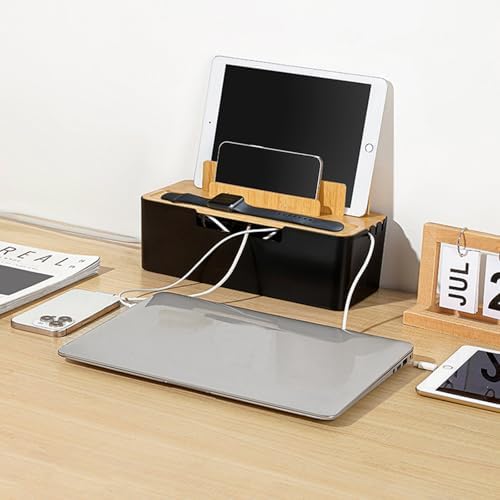 Catekro Cable Management Box with Bamboo Lid Cell Phone Tablet Holder Plug Data Cable Storage Charging Organizer Charger