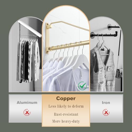 NEWRAIN Folding Wall Mounted Clothes Hanger Rack Clothes Hook Solid Brass with Swing Arm Holder Clothing Hanging System Closet Storage Organizer Heavy Duty Drying Rack Wall Mount,Brushed Gold