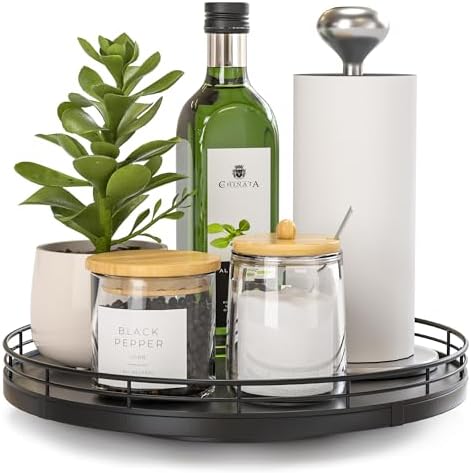 Oroyutor 10-Inch Oak Lazy Susan Countertop Organizer with Black Metal Rail