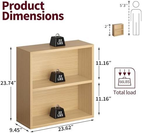 2-Tier Bookshelf Storage Shelves, 23.7 Inch Open Shelf Bookcase