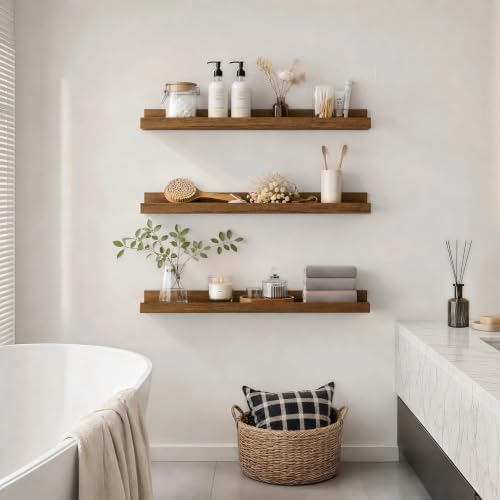 24inch Long Floating Shelves for Wall Decor, 3-Set Shelves with Lip, Brown