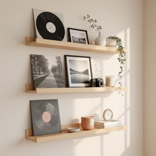MBYD 36 Inch Natural Wood Floating Picture Ledge Shelf, Wall Mounted Nursery Bookshelf for Kids Books, Vinyl Records & P