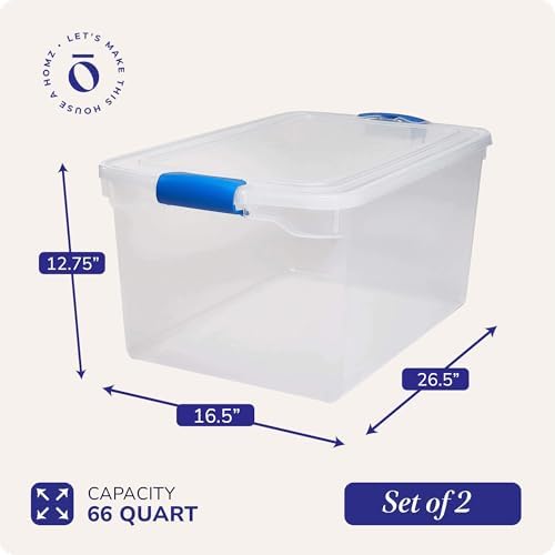 HOMZ Clear Plastic Storage Bins w/Latching Lid, 66 Qt, Blue Latch, 2 Pack