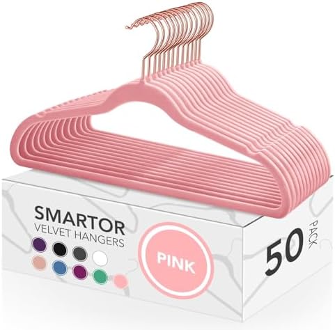 Smartor Pink Velvet Hangers 50 Pack, Non Slip Rose Gold Hook Felt Hangers