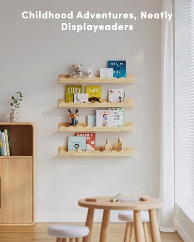 Seocry Kids' Bookshelf Set of 4 - Wood Floating Nursery Book Shelves, Picture Ledge Shelf for Wall Decor and Storage - Perfect for Books, Toys, Photo Frames, and Nursery Décor