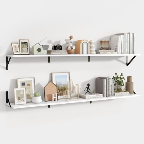 Axeman 55 Inch Floating Shelves, 8 Inch Deep White Wall Shelves Set of 2