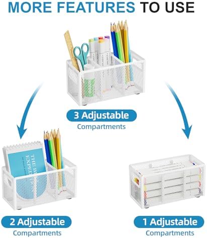 Marbrasse Mesh Pen Holder for Desk, Pencil Holder Desk Organizer 3 Adjustable Compartments, Pencil Cup with Handle Perfect for Classroom, Office, Home, Makeup, Art (White)