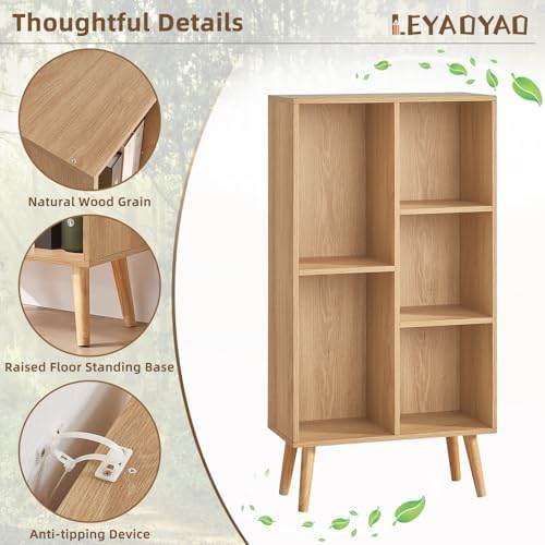 LEYAOYAO 5 Cube Bookshelf,Mid-Century Modern Bookcase with Legs,Light Wood