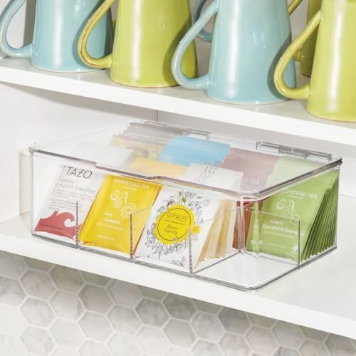 mDesign Plastic Stackable Divided Storage Organizer with Lid for Tea Bags and Coffee Pods in Kitchen Cabinet, Countertop