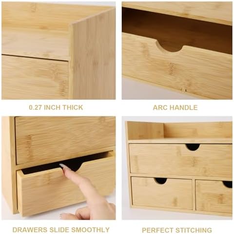 Charmewooden Bamboo Desk Organizer With Drawers Countertop Drawers Counter Storage Box Corner Desk Organizer for Home Office No Assembly Required