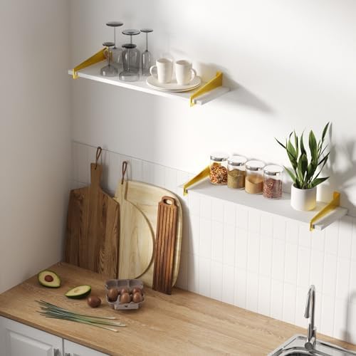 upsimples Wall Shelves for Decor, Long White Gold Floating Shelves Wall Mounted Set of 2, Sturdy Rustic Wood Shelves Han