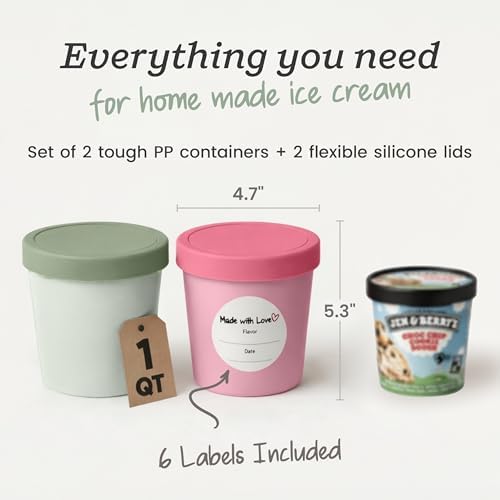 StarPack Freeze The Day Homemade Ice Cream Containers (2-Pack, 1 Quart) - Airtight Silicone Lids, BPA-Free Reusable Polypropylene Freezer Containers with Dry Erase Pen and Labels, Sage Green and Pink