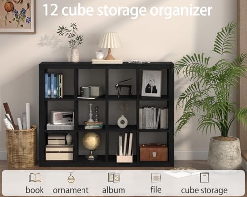 furtble Bookshelf with Storage Bin, 12-Cube Storage Organizer, Modern Wood Open Bookcase, Multifunctional Display Shelf 