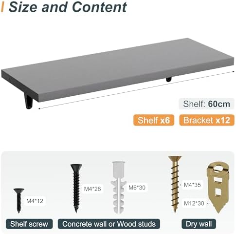 SKYSEN Floating Shelves for Wall Set of 6, 23.6in Wood Wall Shelf for Decor, Bathroom, Bedroom, Storage, Book,Kitchen, L