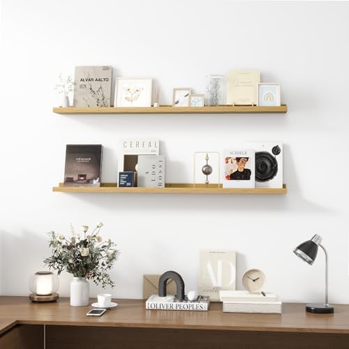 Acovy Picture Ledge Shelf, Wood Long Floating, Set of 2, 48 inch, Oak