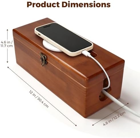 Large Cable Management Box with Clasp, Soild Wood Cord Box with 4 Open Slots, Cable Box to Hide Cords and Power Strip