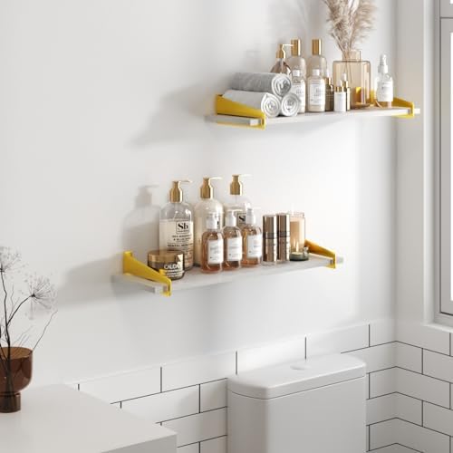 upsimples Wall Shelves for Decor, Long White Gold Floating Shelves Wall Mounted Set of 2, Sturdy Rustic Wood Shelves Han