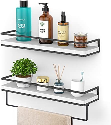 Meangood Floating Shelves Wall Mounted Set of 2, Wall Shelf with Towel Bar Rustic Wood Wall Storage Shelves for Bedroom,
