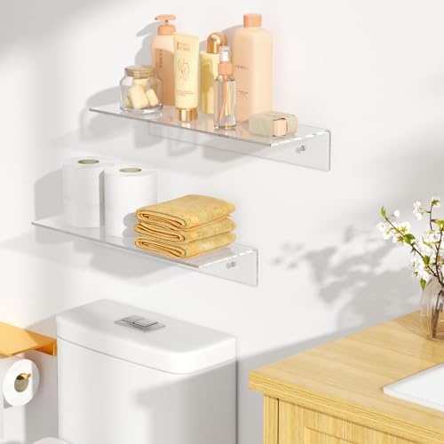FEMELI 2 PCS 17" Acrylic Floating Shelves, Clear Shelf for Wall Display