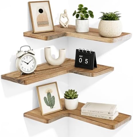 Solid Wood Corner Floating Shelves, L-Shaped, Oak, Set of 3
