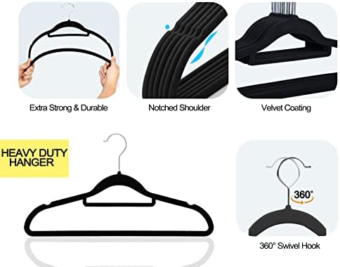 GVTECH Premium Velvet Hangers, [50 Pack] Non Slip and Heavy Duty Velvet Suit Hangers (45cm) with Tie Bar, 360° Swivel Hooks, Sturdy to Hold Jumper, Pullovers, Jackets & Hoodies (50 Pack, Black)