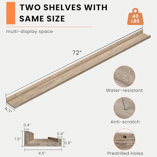 Heimlove Picture Ledge Shelf, Floating Shelves Set of 2, 70.87Inches Picture Shelf for Wall with Ledge, Kids Bookshelf Wall Mounted for Living Room Bedroom Decor Books Photo Frames - Gray